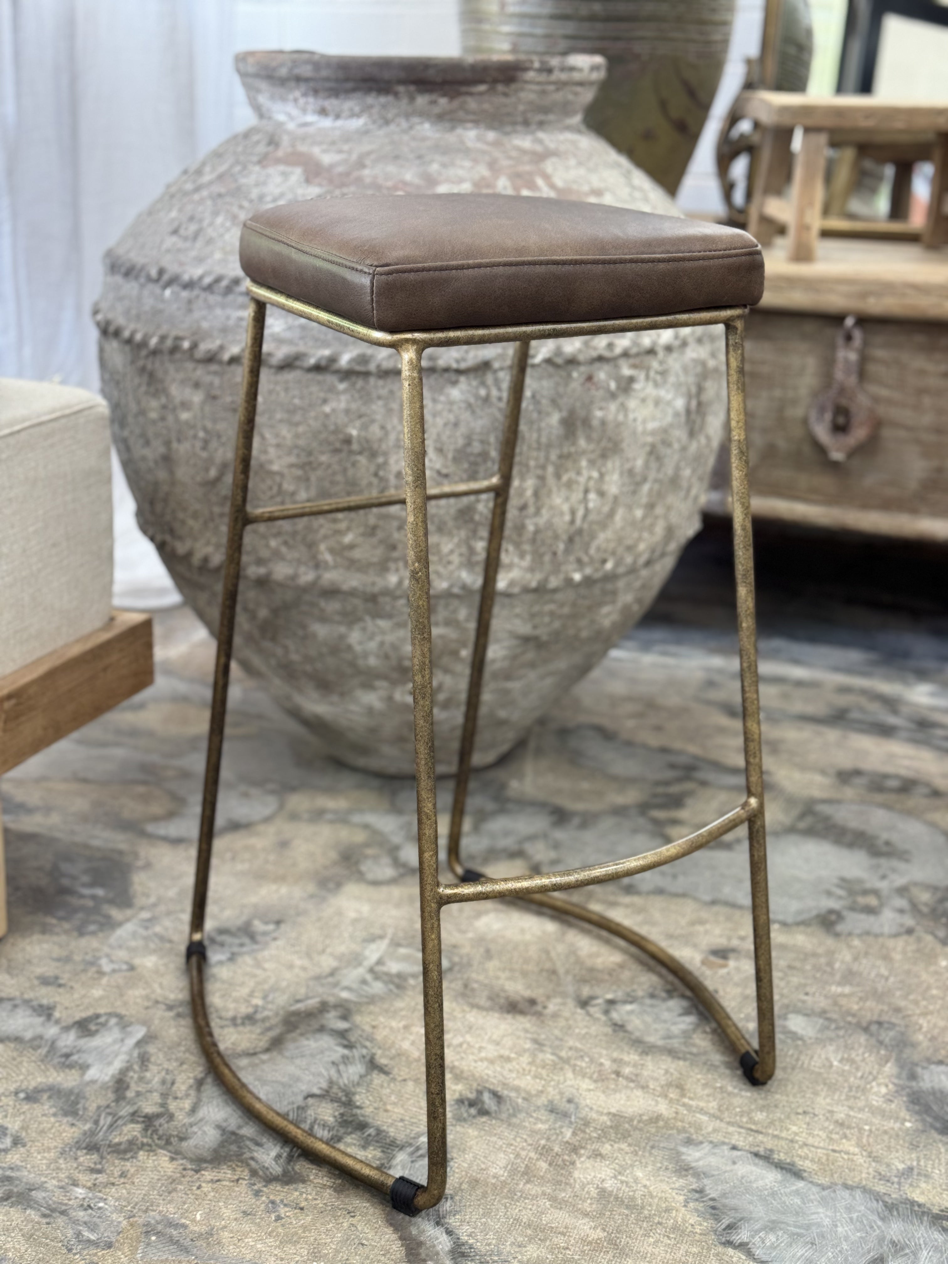 Leather & Brass Bar Stool | Creeping Fig