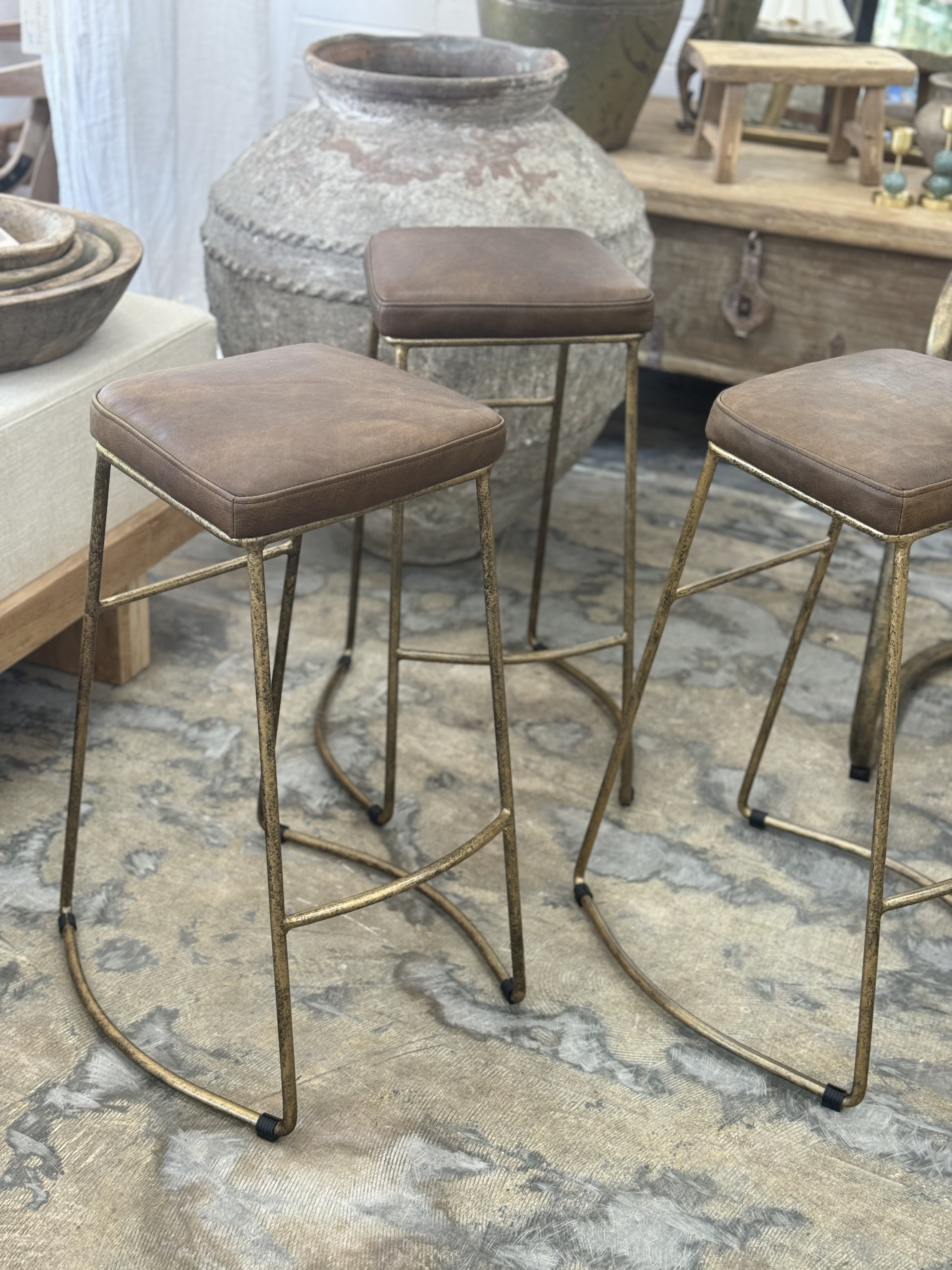 Leather & Brass Bar Stool | Creeping Fig