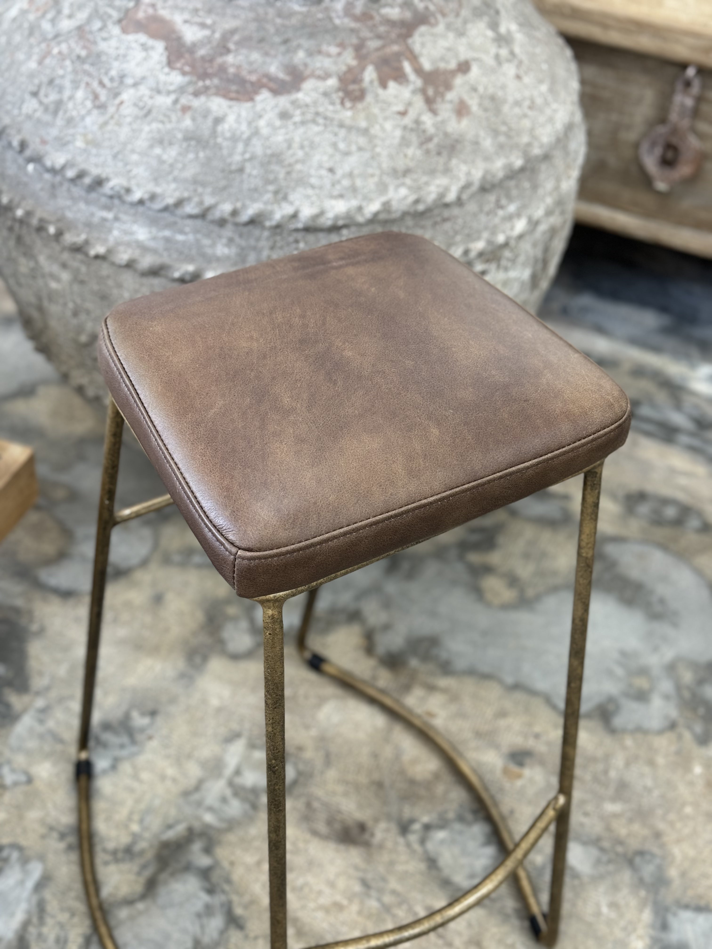 Leather & Brass Bar Stool | Creeping Fig